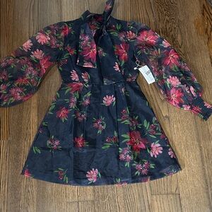 NWT Rachel Parcell Navy Floral Tie-Neck Dress with Pink & Green Blooms